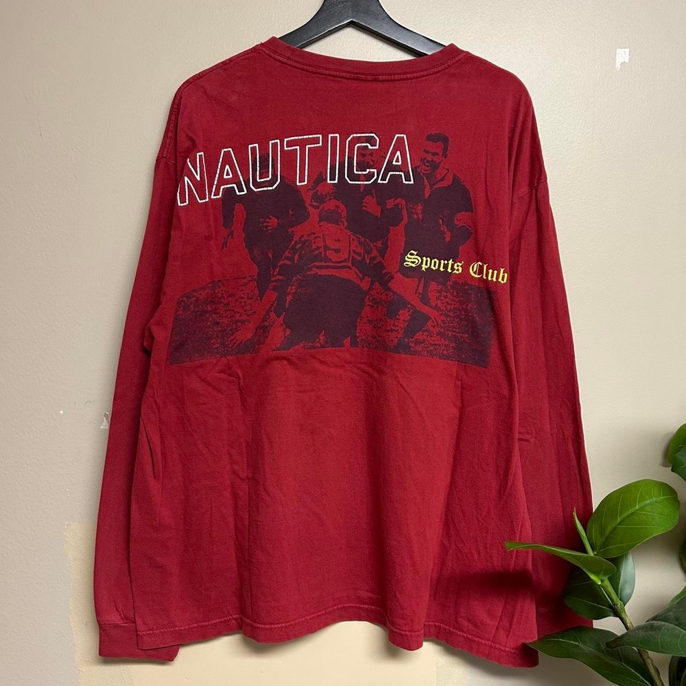 Vintage Nautica Sports Club Long Sleeve Shirt Mens Large Red Burgundy 00s Y2K